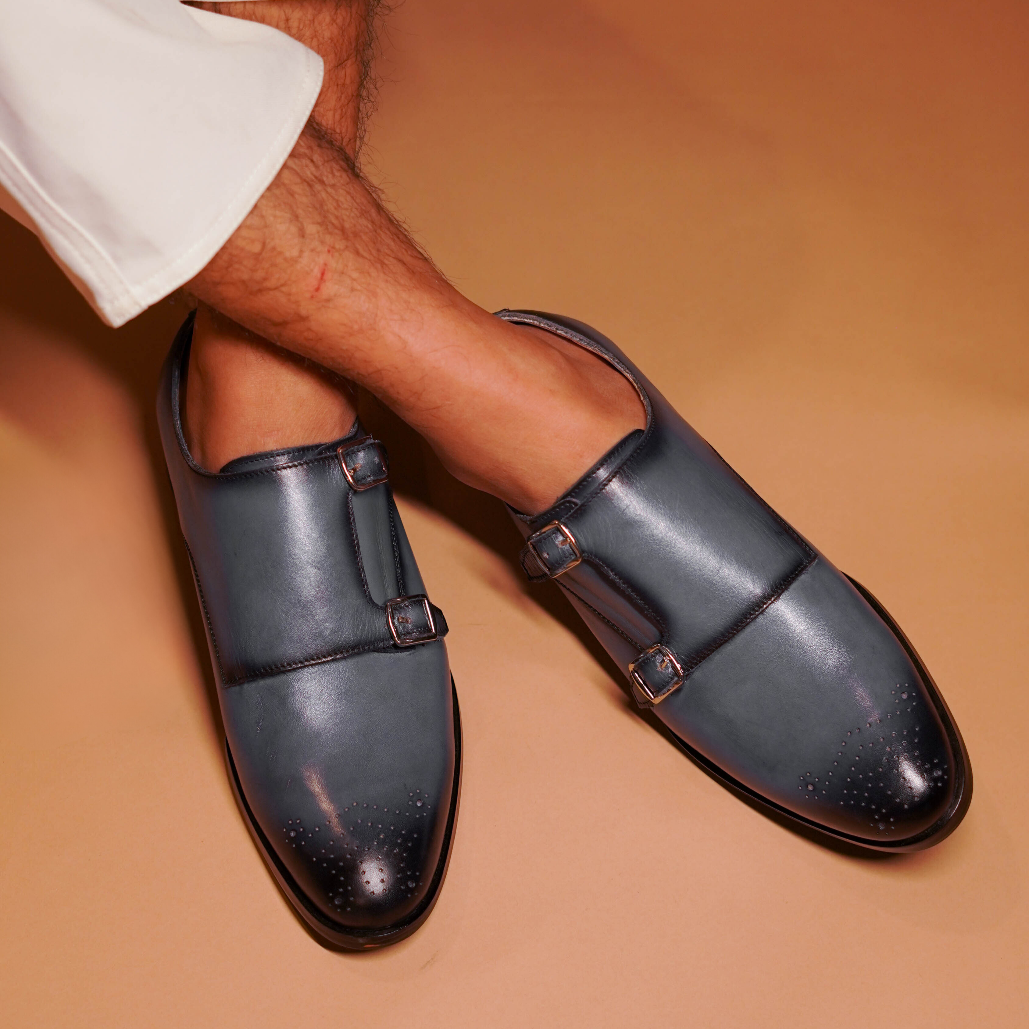 Azzurro | Handpainted blue patina finish dual tone double-monk-strap